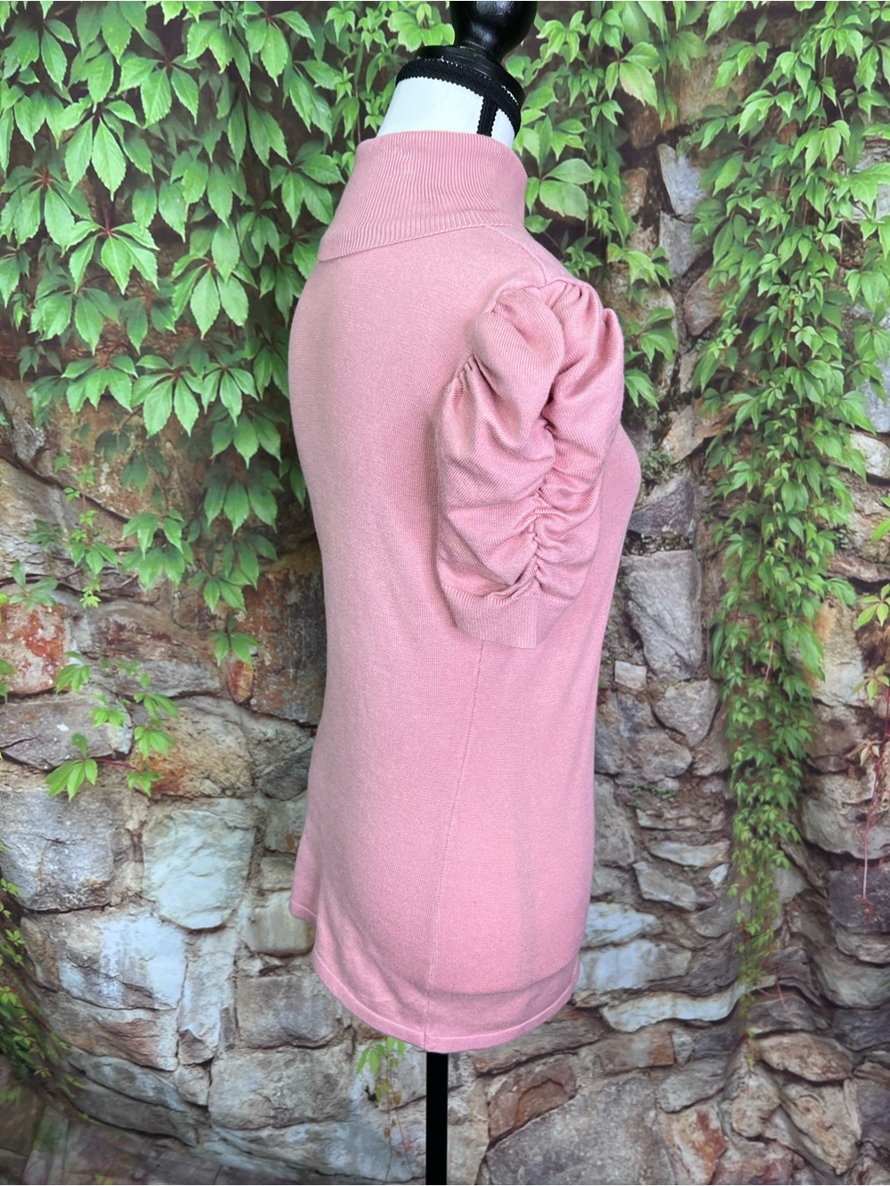 80 PARK Pink Turtleneck Ruched Puffy Short Sleeve Fitted Cottagecore Sweater, S - Picture 8 of 10